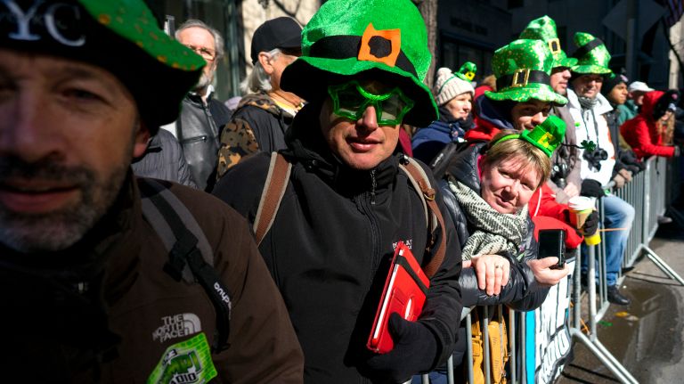 Participants get ready before the kickoff of the New York City St. Patrick's Day parade Friday, March 17, 2017, in Manhattan.