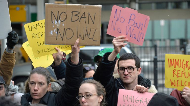 Protesters gather at Terminal 4 for international arrivals at JFK Airport following the release of Hameed Khalid Darweesh on Jan. 28, 2017.