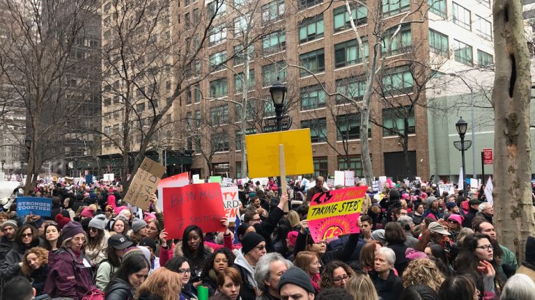 Demonstrators take part in the Women's March on NYC on Saturday, Jan. 21, 2017, in Manhattan.