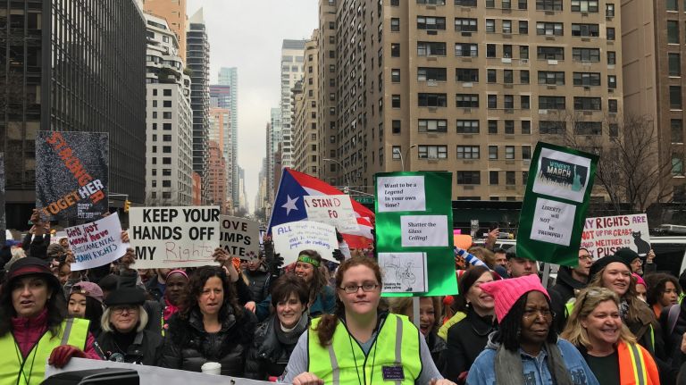 Demonstrators take part in the Women's March on NYC on Saturday, Jan. 21, 2017, in Manhattan.