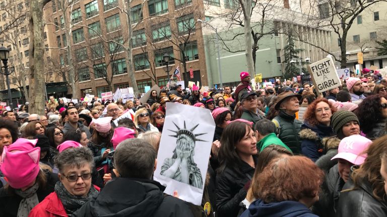 Demonstrators take part in the Women's March on NYC on Saturday, Jan. 21, 2017, in Manhattan.