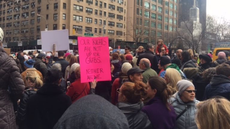 Demonstrators attend the Women's March on NYC on Saturday, Jan. 21, 2017, in Manhattan.