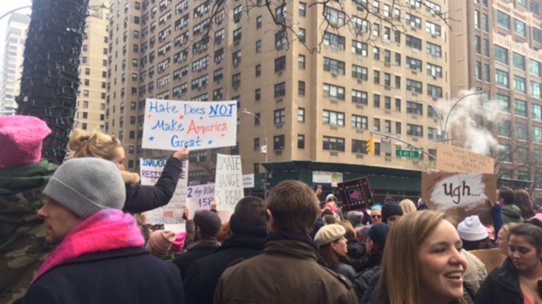 Demonstrators attend the Women's March on NYC on Saturday, Jan. 21, 2017, in Manhattan.