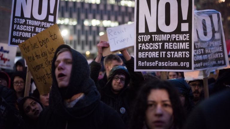 Anti-Trump demonstrators at the rally and march from Foley Square to the Trump Building at 40 Wall St. in Manhattan on Jan. 20, 2017.