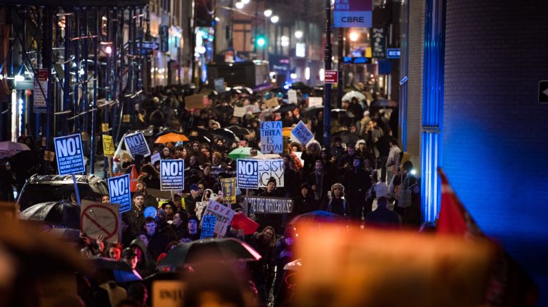 Anti-Trump demonstrators at the rally and march from Foley Square to the Trump Building at 40 Wall St. in Manhattan on Jan. 20, 2017.