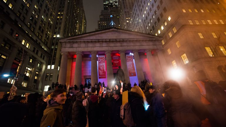 Anti-Trump demonstrators at the rally and march from Foley Square to the Trump Building at 40 Wall St. in Manhattan on Jan. 20, 2017.