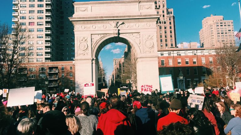 New Yorkers participate in the International Women's Strike rally in Manhattan's Washington Square Park on March, 8, 2017.