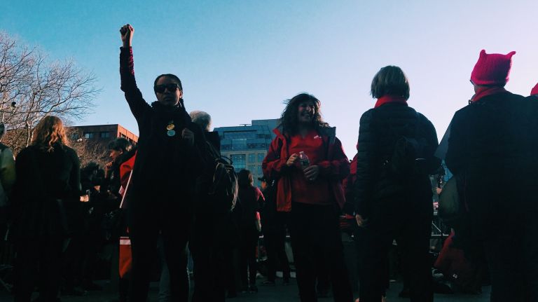 Participants gather at the International Women's Strike rally at Washington Square Park in Manhattan on Wednesday, March 8, 2017.