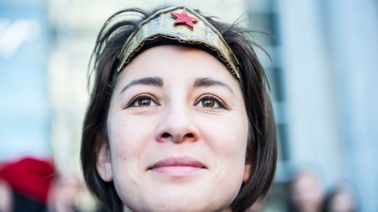 Rie Ma, of Brooklyn, participates in the A Day Without a Woman rally in Manhattan on International Women's Day on March 8, 2017.
