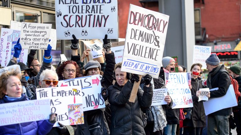 Protesters gather outside the New York Times building in midtown Manhattan for the March for a Free Press on Feb. 26, 2017.