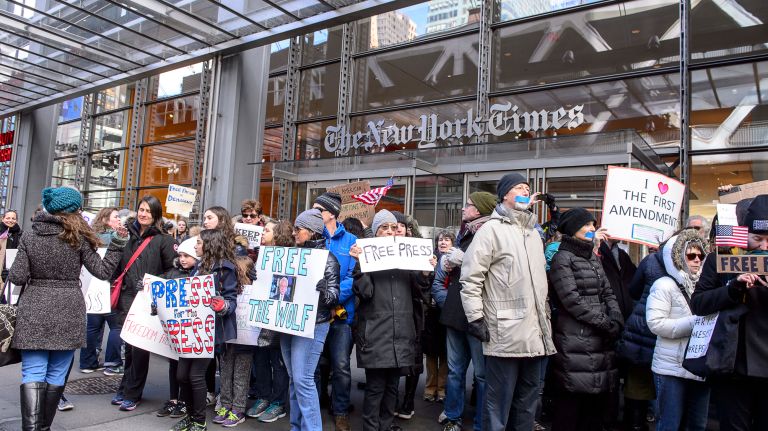 Protesters gather outside the New York Times building in midtown Manhattan for the March for a Free Press on Feb. 26, 2017.