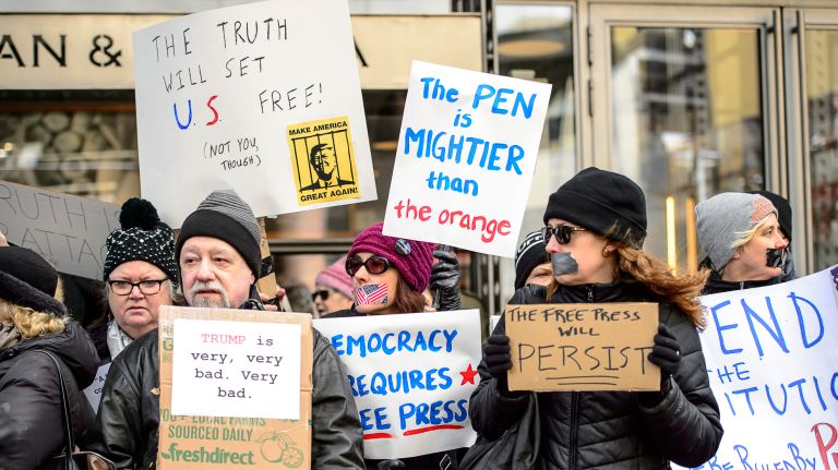 Scene of the March for a Free Press, where protesters gathered outside the New York Times building in midtown Manhattan on Feb. 26, 2017.