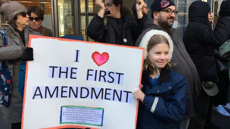 Participants gather at the March for a Free Press outside the New York Times building in midtown Manhattan on Feb. 26, 2017.