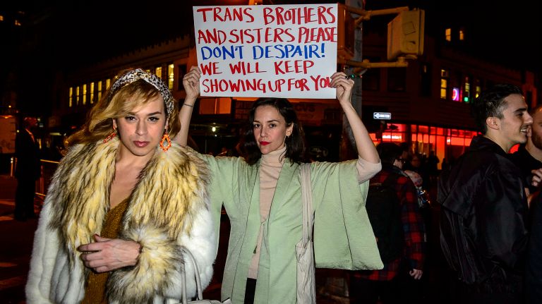 Protestors rally and march in support of transgender youth at the Stonewall National Monument in Manhattan, Thursday, Feb. 23, 2017.