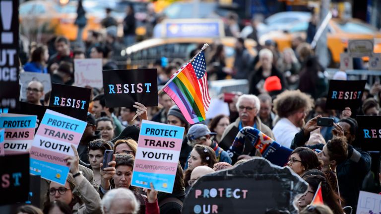 Thousands rally in support of transgender youth at the Stonewall National Monument in Manhattan, Thursday, Feb. 23, 2017.