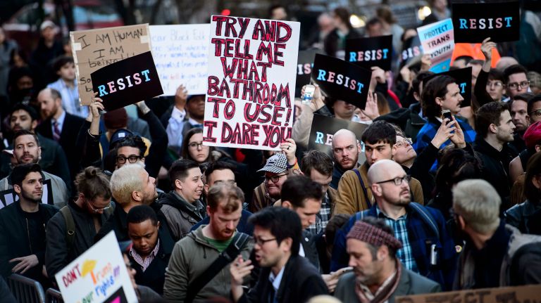 Thousands rally in support of transgender youth at the Stonewall National Monument in Manhattan, Thursday, Feb. 23, 2017.