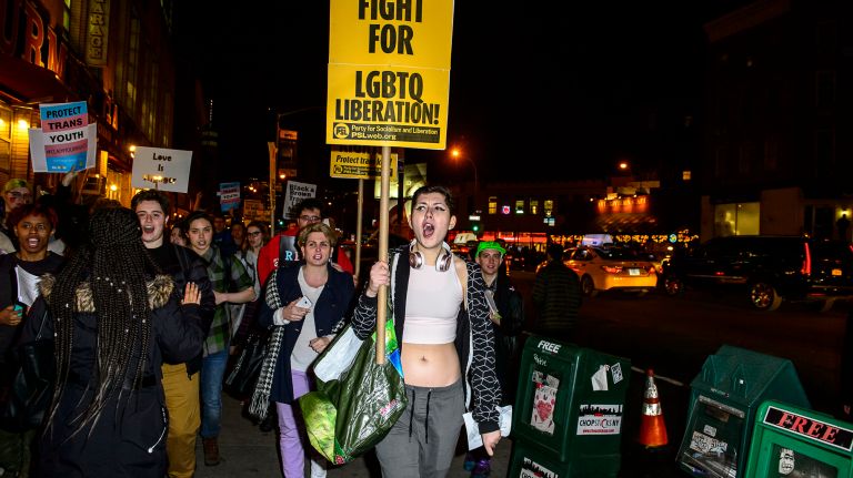 Protestors rally and march in support of transgender youth at the Stonewall National Monument in Manhattan, Thursday, Feb. 23, 2017.