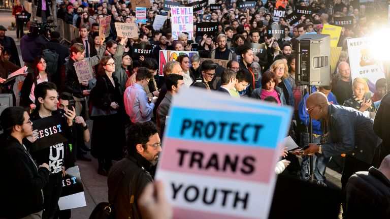 The crowd chants in response to speakers at the rally in support of transgender youth at the Stonewall National Monument in Greenwich Village on Feb. 23, 2017.