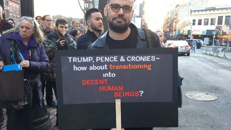 People take part in rally outside the Stonewall Inn on Feb. 23, 2017, in Greenwich Village, demanding to maintain protection for transgender and gender nonconforming people.