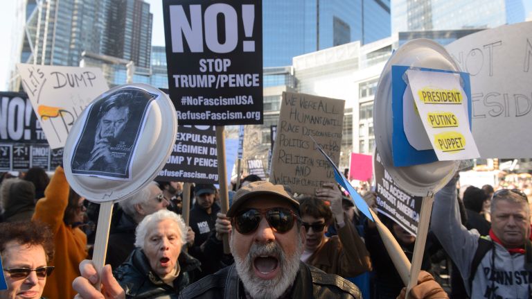 Not My Presidents Day rally: Photos from Columbus Circle protest 50 Demonstrators gather in Columbus Circle for the Not My Presidents Day rally on Feb. 20, 2017.