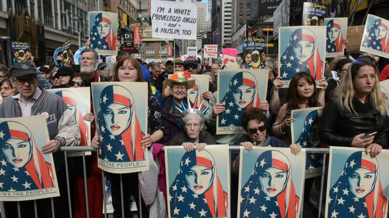New Yorkers of all faiths and ethnic backgrounds gather in Times Square at the I Am A Muslim Too rally on Feb. 19, 2017. 