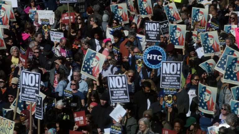 A crowd gathers at the I Am A Muslim Too rally in Times Square on Feb. 19, 2017. 