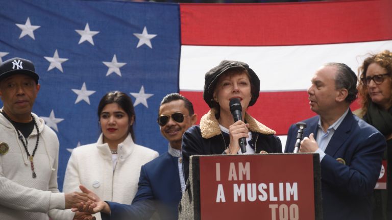 Susan Sarandon addresses New Yorkers at the I Am A Muslim Too rally in Times Square on Feb. 19, 2017.