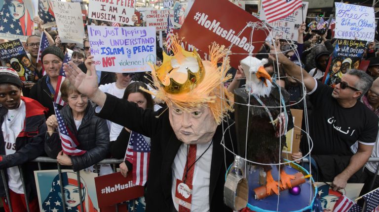 New Yorkers gather at a Times Square rally to declare their solidarity with Muslims facing discrimination on Feb. 19, 2017.