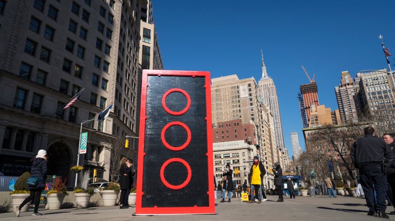 A LEGO - at 10 feet tall - sits at Fifth Avenue and Broadway near the Flatiron District on Jan. 26, 2018.