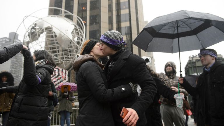 LGBT rally at Trump Tower: Photos of the midtown Manhattan protest 33 Members of the LGBT community and their allies gather and kiss near Trump International Hotel in Manhattan on Sunday, Feb. 12, 2017. A leaked draft of an executive order on religious exemptions and the nomination of Judge Neil Gorsuch to the U.S. Supreme Court has members of the lesbian, gay, bisexual and transgender community concerned that gains made during the Obama administration will be rolled back by President Donald Trump.