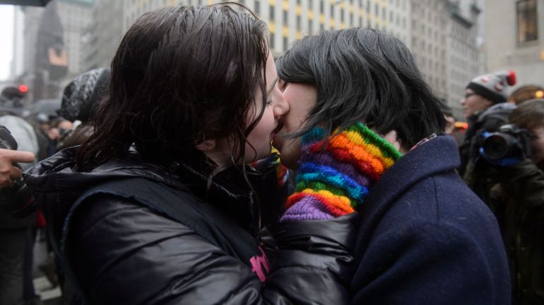LGBT rally at Trump Tower: Photos of the midtown Manhattan protest 35 Members of the LGBT community and their allies kiss on Fifth Avenue near Trump Tower in Manhattan on Sunday, Feb. 12, 2017. A mass make-out session and rally was planned to show solidarity with underprivileged groups organizers feel are being targeted by the Trump administration.