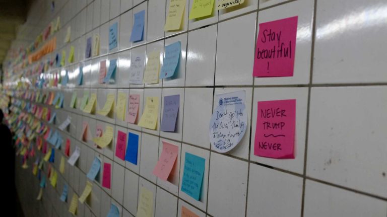 The messages stretched a long way down the subway tunnel.