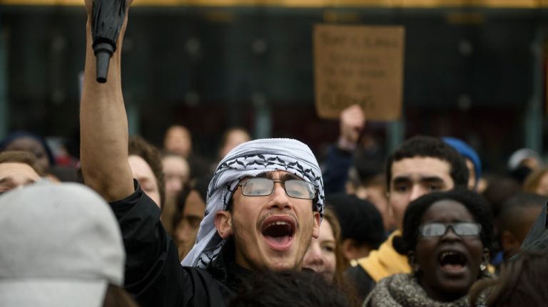Trump protest in Foley Square: Photos of student rally against travel ban 12 Students gather in Foley Square in downtown Manhattan after a walkout to protest President Donald Trump's policies on Feb. 7, 2017.