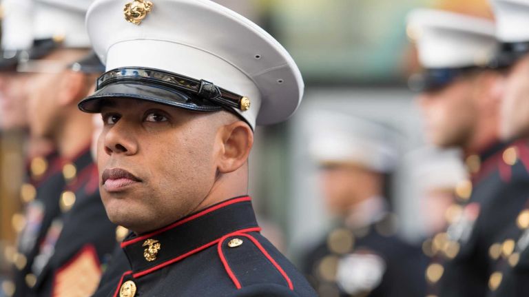 Members of the US Marines 6th Communications Bn, Brooklyn. The New York City Veterans Day Parade, also knows as America's Parade, on Nov. 11, 2016, marched up Fifth Avenue after a wreath was placed at the Eternal Light Monument at Madison Square Park on 26th St. 