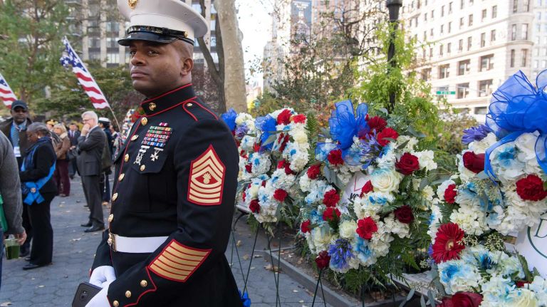 Master Gunnery Sgt. Michael Hall of Texas.The New York City Veterans Day Parade, also known as America's Parade, on Nov. 11, 2016, marched up Fifth Avenue after a wreath was placed at the Eternal Light Monument at Madison Square Park on 26th St.