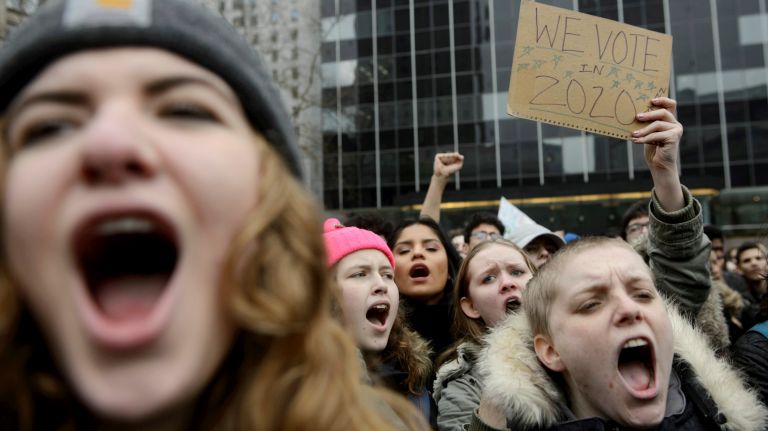 Trump protest in Foley Square: Photos of student rally against travel ban 17 Students gather in Foley Square in downtown Manhattan after a walkout to protest President Donald Trump's policies on Feb. 7, 2017.