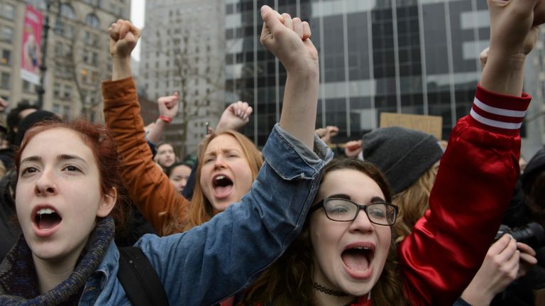 Trump protest in Foley Square: Photos of student rally against travel ban 18 Students gather in Foley Square in downtown Manhattan after a walkout to protest President Donald Trump's policies on Feb. 7, 2017.