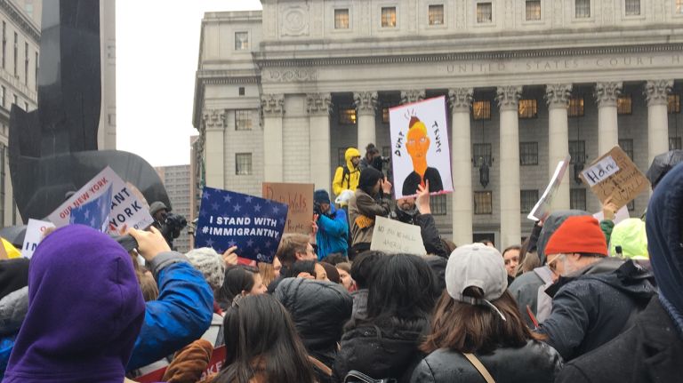 Trump protest in Foley Square: Photos of student rally against travel ban 20 Students protest at Foley Square in downtown Manhattan on Feb. 7, 2017 against President Donald Trump's immigration travel ban.