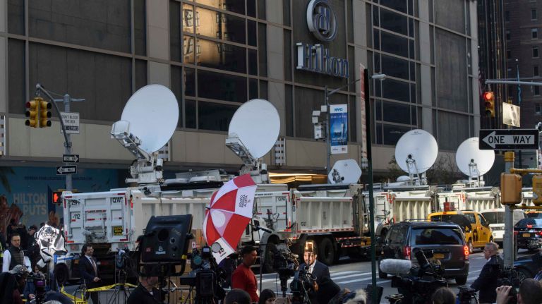 Donald Trump NYC election party at the New York Hilton Midtown: See photos 8 Sanitation trucks acting as barricades sit in front of the New York Hilton Midtown on Election Day in Manhattan, Tuesday Nov. 8, 2016.