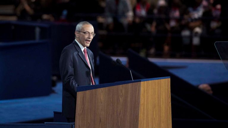 Hillary Clinton's campaign chairman John Podesta speaks to supporters at the Jacob K. Javits Convention Center in Manhattan early in the morning on Nov. 9, 2016.