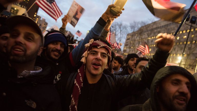 The Yemeni-American community rallies at Brooklyn Borough Hall against President Donald Trump's immigration travel ban on Feb. 2, 2017.