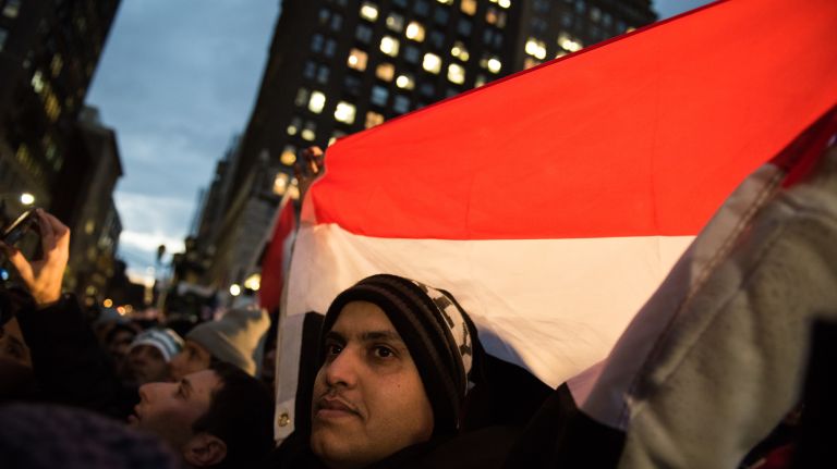 The Yemeni-American community rallies at Brooklyn Borough Hall against President Donald Trump's immigration travel ban on Feb. 2, 2017.