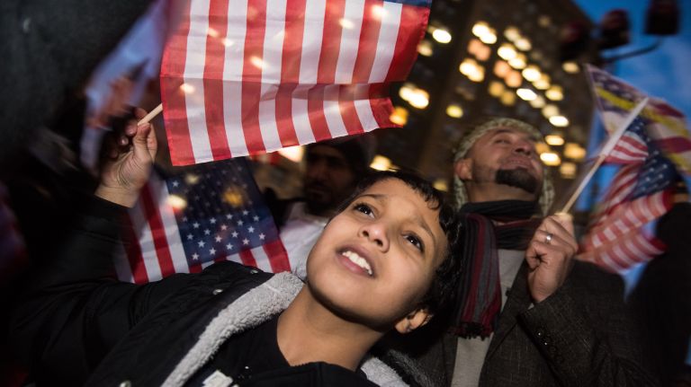 The Yemeni-American community rallies at Brooklyn Borough Hall against President Donald Trump's immigration travel ban on Feb. 2, 2017.