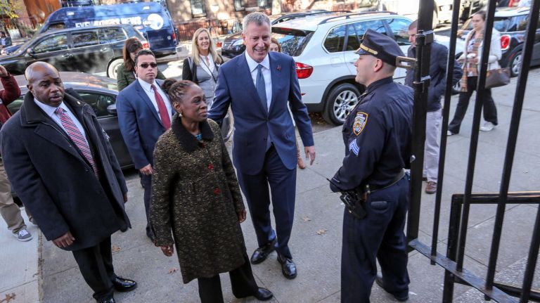 Mayor Bill de Blasio and Chirlane McCray arrive to cast their ballots at the Brooklyn Public Library in Park Slope, Brooklyn.