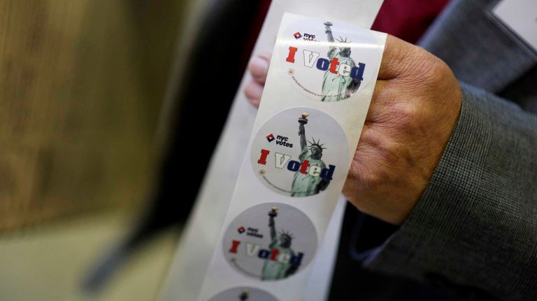 Voters were given stickers when they left the polls at St. Sebastian's School in Woodside, Queens on Nov. 8, 2016.