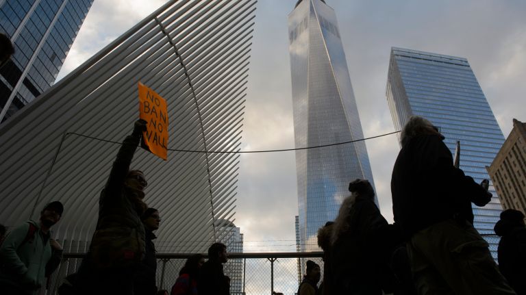 Thousands of protesters march from Battery Park to Foley Square in downtown Manhattan on Jan. 29, 2017.