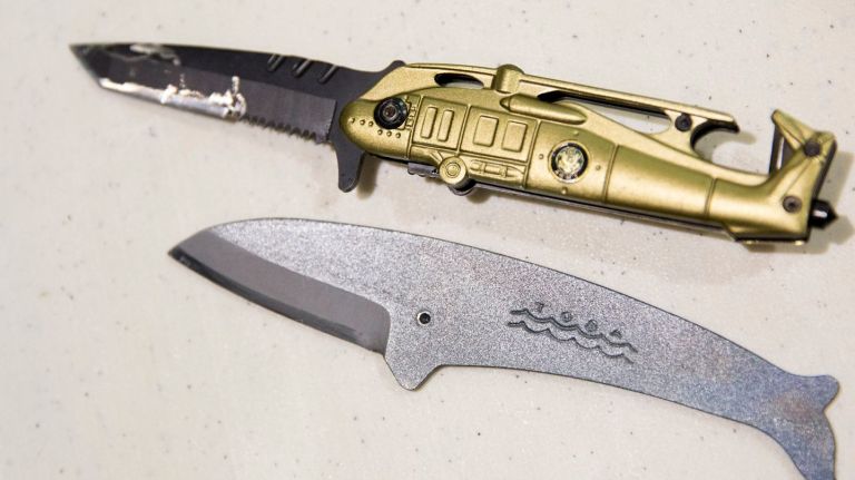 Knives, even cute ones shaped like helicopters or swimming whales, aren't permitted in your carry-on bags.