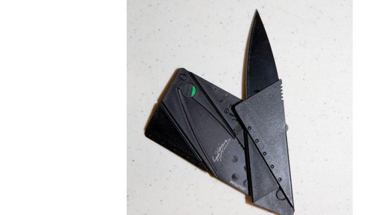 These sneaky weapons come in a variety of shapes and styles. Everything from Swiss Army knives, to credit card knives (where the sharp edge pops out of a thin, credit card-like case) and bottle openers with a knife that folds out are confiscated by the TSA. 