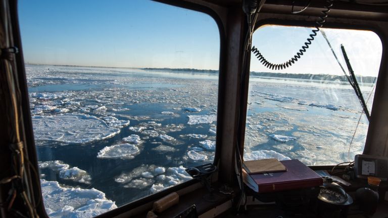 A tug boat named Agnes is one of several boats used to break up ice in Jamaica Bay  for NYC Ferry's Rockaway route.