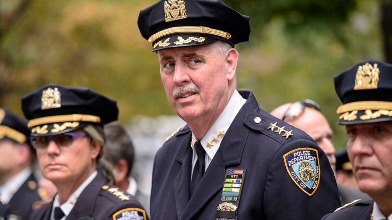 NYPD Chief of Detectives Robert Boyce views the parade and ceremony on Friday, Sept. 9, 2016, to honor NYPD officers who died in the 9/11 terror attacks.